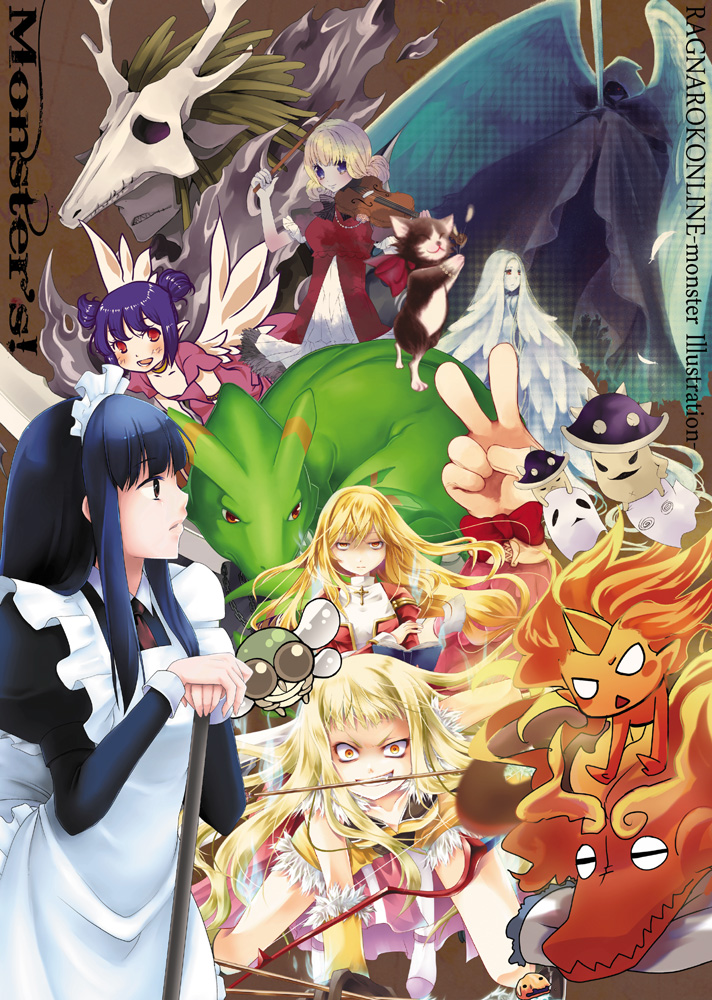 2boys 6+girls alice_(ragnarok_online) animal_skull artist_collaboration artist_request aura banshee_(ragnarok_online) baroness_of_retribution bio_lab black_cat black_cloak black_hair blonde_hair blunt_bangs bow bow_(music) bow_(weapon) brown_background bug cat cecil_damon chonchon cloak closed_mouth commentary_request cowboy_shot creature double_bun dress ferus_(ragnarok_online) fly frown fur-trimmed_shirt fur-trimmed_shorts fur_trim ghost grin hair_bun high_priest_(ragnarok_online) holding holding_bow_(music) holding_bow_(weapon) holding_instrument holding_sword holding_violin holding_weapon imp_(ragnarok_online) insect instrument juliet_sleeves kiri_nada korushiba lady_solace lizard long_sleeves looking_at_viewer maid margaretha_sorin monster multiple_boys multiple_girls necromancer_(ragnarok_online) noco_(user_1490719) norapeko open_mouth poison_spore puffy_sleeves purple_hair ragnarok_online red_bow red_dress red_eyes salamander_(ragnarok_online) sheet_ghost shirt shorts sidelocks sleeveless sleeveless_shirt smile sniper_(ragnarok_online) sting_(ragnarok_online) sword two-tone_dress v v-shaped_eyebrows violin violy weapon whisper_(ragnarok_online) wildrose yellow_eyes yellow_shirt yellow_shorts yu_(lilacxx) yutsuki
