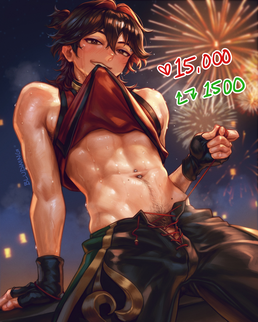 1boy artist_name bludwing blush brown_eyes brown_hair bulge clothes_in_mouth clothes_lift eyebrow_piercing face_piercing fingerless_gloves fireworks gaming_(genshin_impact) genshin_impact gloves hair_between_eyes highres lifting_own_clothes looking_at_viewer male_focus male_pubic_hair medium_hair mole mole_on_neck mole_on_stomach mouth_hold navel navel_hair navel_piercing no_male_underwear penis penis_peek piercing pubic_hair shirt_in_mouth shirt_lift simple_background sky solo stomach sweat teeth_hold toned toned_male twitter_strip_game undressing