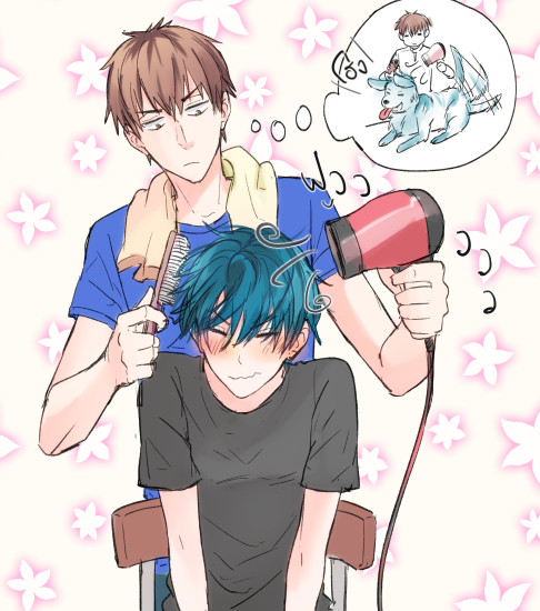 1boy 1girl androgynous black_shirt blue_hair blue_shirt blush brown_hair chair closed_eyes dog floral_background gekkan_shoujo_nozaki-kun hair_brush hair_dryer hands_up holding holding_hair_brush holding_hair_dryer hori_masayuki image_in_thought_bubble kashima_yuu looking_at_another on_chair shirt short_hair short_sleeves sitting t-shirt tail tail_wagging tongue tongue_out towel towel_around_neck v-shaped_eyebrows warable wavy_mouth wet wet_hair