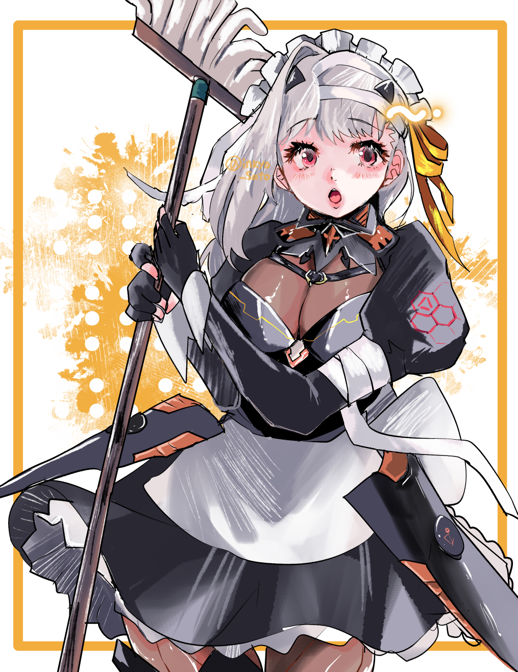 1girl alternate_costume apron armor bandaged_head bandages black_dress black_gloves blush breasts cleavage dress enmaided frilled_apron frills gloves goddess_of_victory:_nikke grey_hair hair_ribbon highres inkyo_sato large_breasts long_hair looking_at_viewer maid maid_apron maid_headdress modernia_(nikke) mop open_mouth puffy_sleeves red_eyes ribbon see-through_clothes see-through_cleavage solo waist_apron white_apron yellow_ribbon