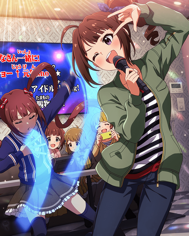 5girls amami_haruka blue_eyes bow brown_hair card_(medium) cellphone checkered_floor frilled_skirt frills fukuda_noriko glowstick green_eyes hair_bow holding holding_phone idolmaster idolmaster_million_live! idolmaster_million_live!_theater_days jacket japanese_text karaoke matsuda_arisa monitor multiple_girls music official_art one_eye_closed open_mouth phone purple_eyes ricotta_(idolmaster) shirt side_ponytail singing skirt smartphone striped_clothes striped_shirt suou_momoko table thighhighs twintails yokoyama_nao