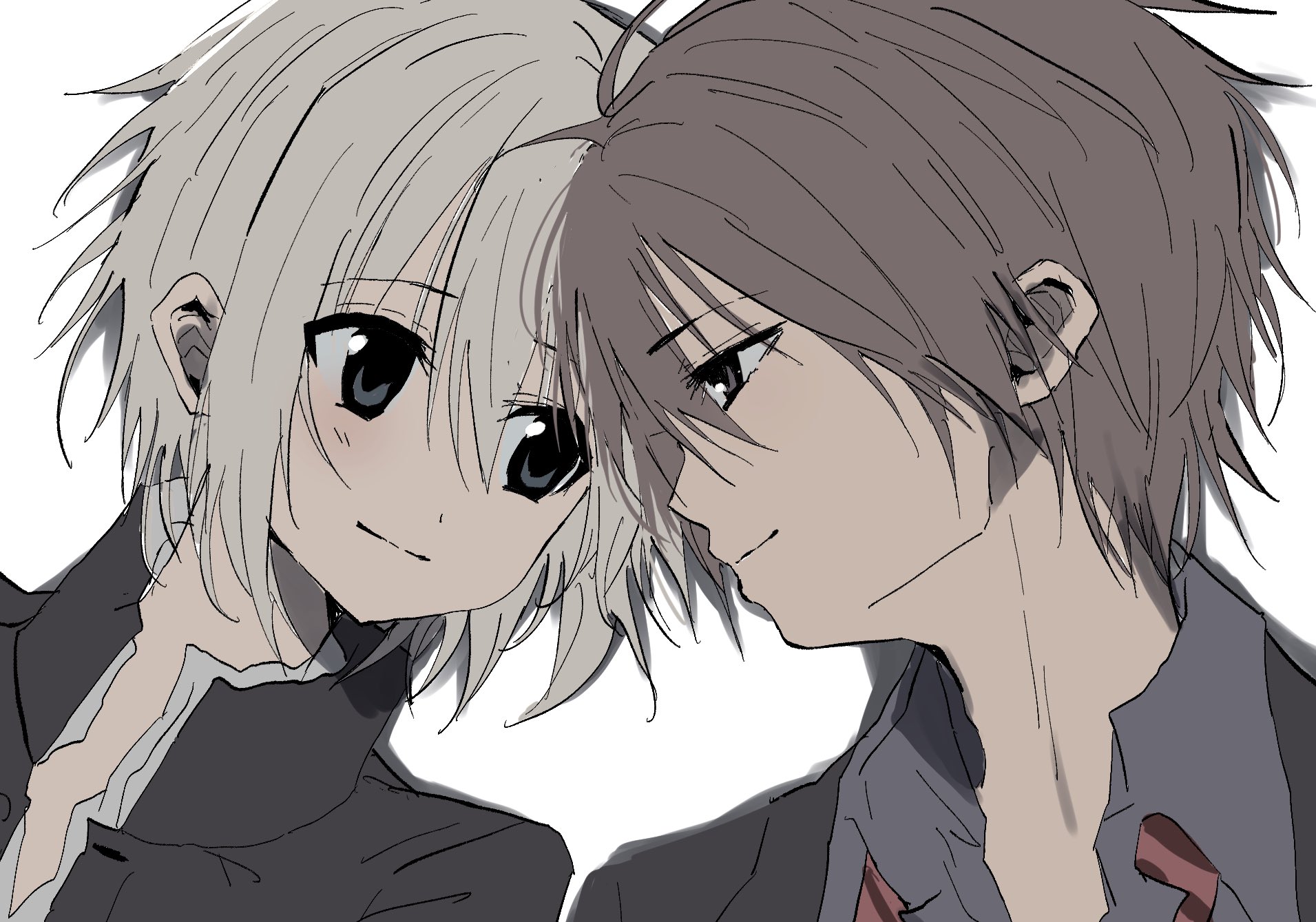 2boys bow bowtie brown_eyes brown_hair closed_mouth green_eyes highres kasukasugom1 kusanagi_naoya looking_at_another male_focus multiple_boys natsume_kei_(sakura_no_uta) sakura_no_toki sakura_no_uta school_uniform short_hair simple_background smile white_background white_hair
