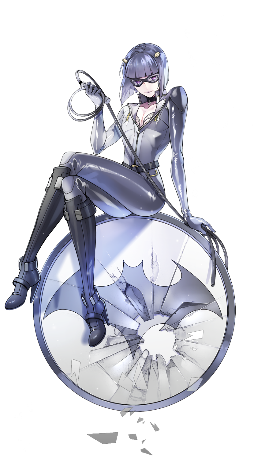 1boy androgynous bad_id bad_pixiv_id bat_signal batman_(series) black_boots black_hair bob_cut bodysuit boots braid broken_glass bruno_bucciarati catwoman catwoman_(cosplay) collar cosplay crossed_legs dc_comics domino_mask eye_mask full_body glass hair_ornament high_heel_boots high_heels highres honeydelight jojo_no_kimyou_na_bouken knee_boots male_focus mask purple_eyes sitting smile solo stiletto_heels transparent_background vento_aureo whip