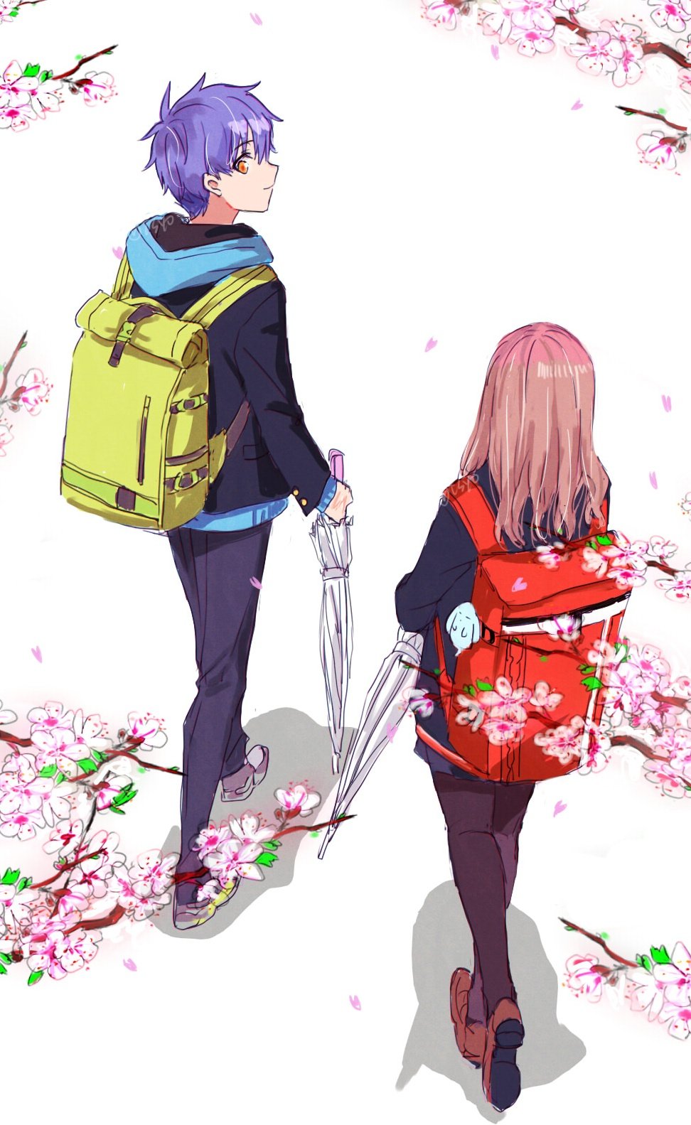 1boy 1girl asanaka_yomogi bag blue_hair brown_hair charm_(object) couple flower gridman_universe hair_ornament hairclip hetero highres holding holding_umbrella hood hoodie jacket long_hair long_sleeves minami_yume pants risyo school_bag school_uniform shirt short_hair skirt smile ssss.dynazenon thighhighs umbrella yellow_eyes