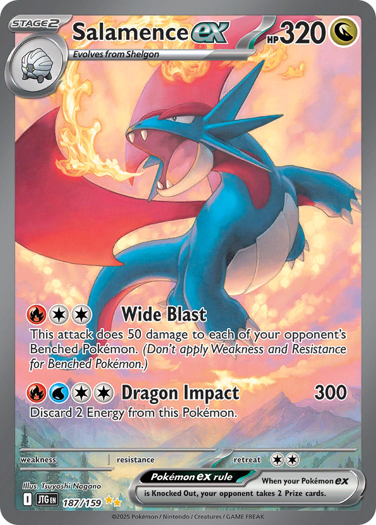animal_focus artist_name breath_weapon breathing_fire card_(medium) character_name cloud company_name copyright_name copyright_notice dragon dragon_wings english_text fangs fire flying gen_3_pokemon mountainous_horizon nagano_tsuyoshi nintendo no_humans official_art open_mouth pokemon pokemon_(creature) pokemon_card pokemon_focus pokemon_tcg salamence shelgon sky solo third-party_source trading_card tree v-shaped_eyes wings