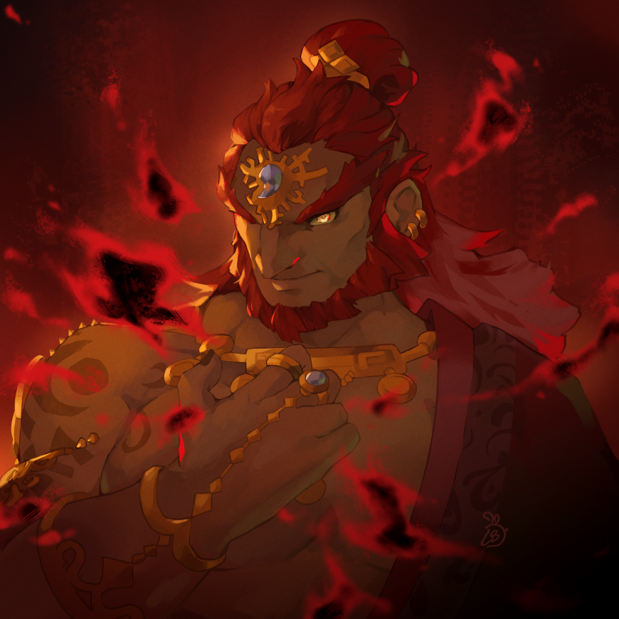 1boy beard black_kimono black_nails blue_gemstone bracelet closed_mouth colored_skin earrings energy facial_hair fingernails forehead_jewel ganondorf gem gerudo gold_bracelet gold_earrings gold_necklace gold_ring green_skin hadanugi_dousa hand_up hashtag-only_commentary japanese_clothes jewelry kimono lavabun long_hair looking_at_viewer male_focus multiple_rings necklace nintendo open_clothes open_kimono red_background red_facial_hair red_hair ring shoulder_tattoo simple_background smile solo tattoo the_legend_of_zelda the_legend_of_zelda:_tears_of_the_kingdom thick_eyebrows upper_body v-shaped_eyebrows yellow_eyes