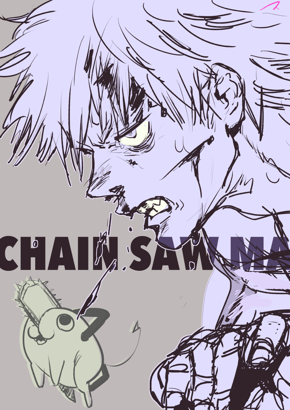 1boy blood blood_drip blood_from_mouth blood_on_face chainsaw chainsaw_man commentary copyright_name denji_(chainsaw_man) handle highres matahei pochita_(chainsaw_man) pull_cord sharp_teeth short_hair signature simple_background sketch teeth
