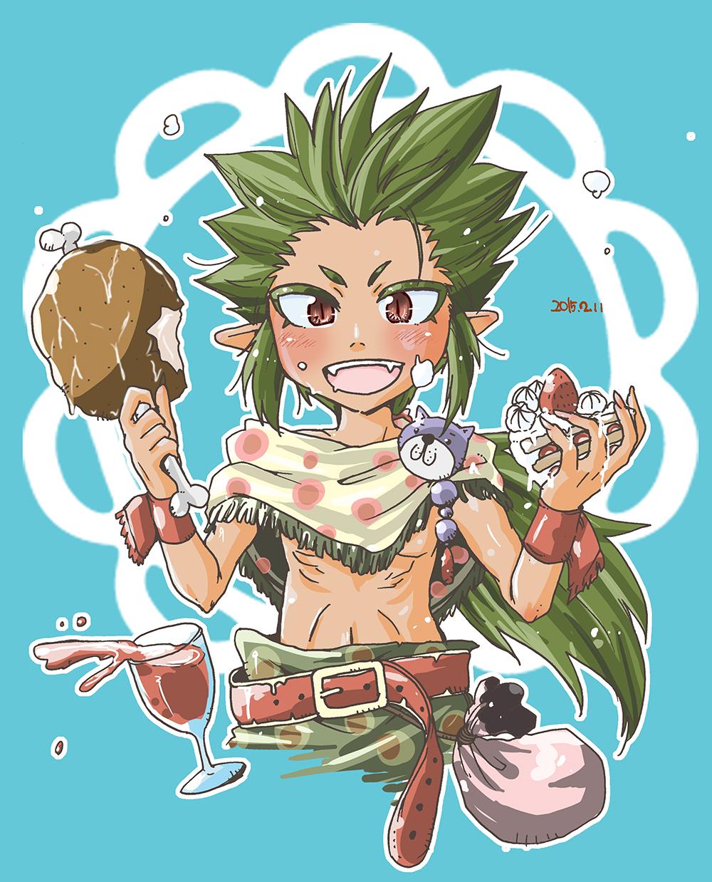 1boy akuyuu_(akuyuworld) alcohol armband bag belt boned_meat brown_hair buttons cake cake_slice cat_button chicken_(food) chicken_leg cowboy_shot cup drinking_glass final_fantasy final_fantasy_vi flower_background food fruit gau glass green_hair holding holding_food icing looking_at_viewer male_focus meat navel open_mouth pointy_ears ponytail shawl sidelocks slit_pupils spiked_hair spots stomach strawberry whipped_cream wine wine_glass