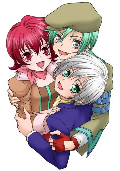 1girl 2boys aqua_eyes belt breasts coat fingerless_gloves gloves green_hair grey_eyes hat iria_animi looking_at_viewer looking_back midriff multiple_boys open_mouth red_eyes red_hair ruca_milda scarf short_hair silver_hair small_breasts smile spada_belforma tales_of_(series) tales_of_innocence