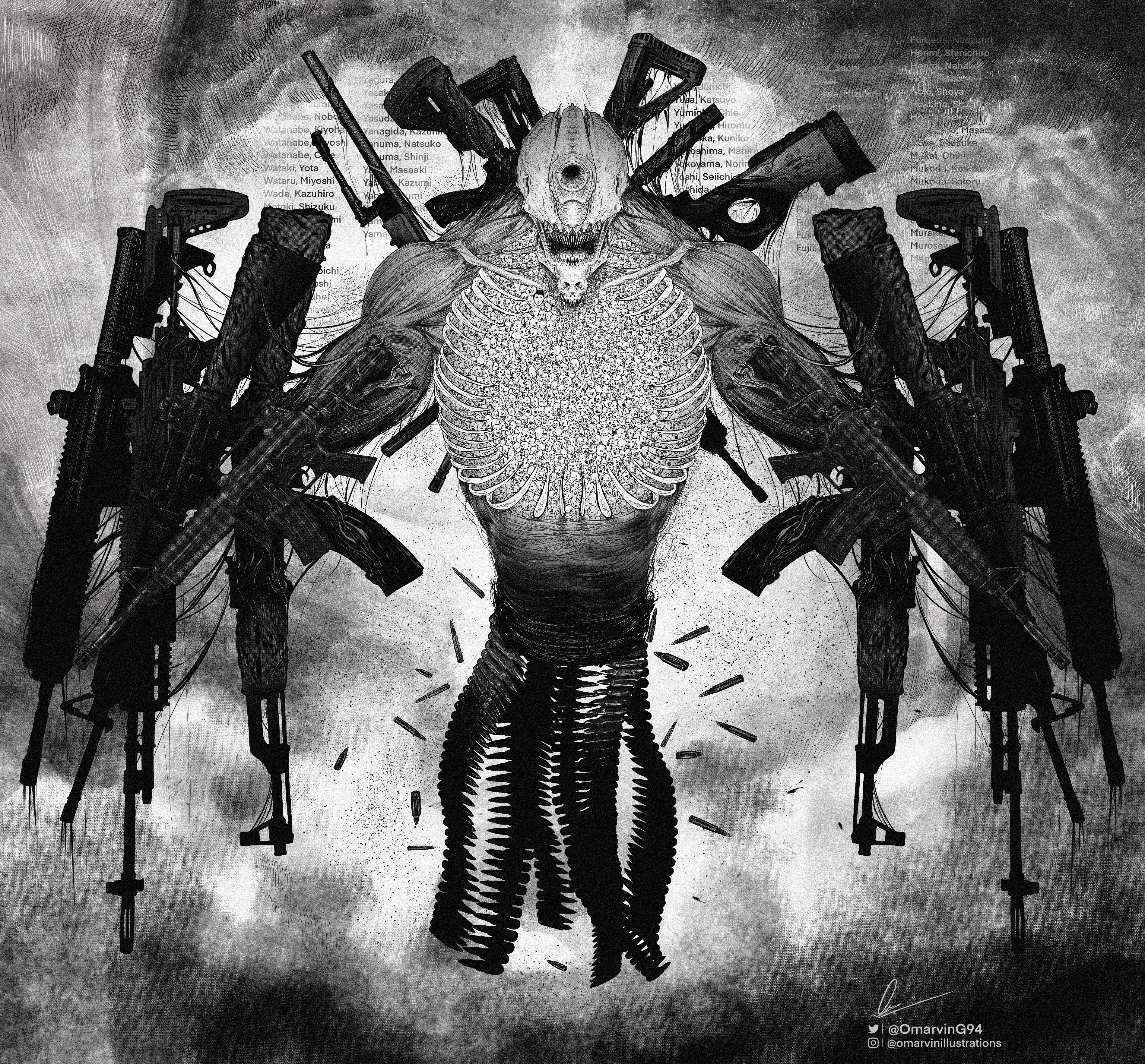 absurdres agni_(fire_punch) agni_face_(meme) ai_arctic_warfare ak-47 ammunition_belt artist_name assault_rifle bolt_action bullet chainsaw_man english_text exposed_muscle fire_punch greyscale gun gun_devil_(chainsaw_man) h&k_hk416 highres instagram_logo instagram_username kalashnikov_rifle m16 m16a4 m4_carbine marvin_(omarvin) meme mk_14_ebr monochrome monster pepe_the_frog pogchamp_(meme) rail_(weapon) rifle signature skull sniper_rifle twitter_logo twitter_username weapon