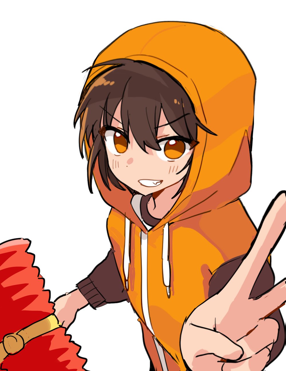 1boy blush brown_hair grin gwak_jun-hyeong hair_between_eyes highres holding hood hood_up hoodie linaen171 long_sleeves looking_at_viewer male_focus orange_eyes orange_hoodie short_hair simple_background smile solo upper_body v white_background zombie_high_school