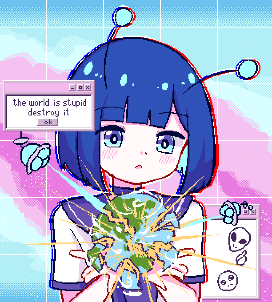 1girl :&lt; alien antennae aqua_background aqua_eyes aqua_hair beam_weapon blue_choker blue_hair blue_neckerchief blue_outline blue_sailor_collar blue_skirt blunt_bangs blunt_ends blush bob_cut breasts bright_pupils broken chibikki choker chromatic_aberration close-up closed_mouth collarbone collared_shirt colored_inner_hair destroyed dialogue_box dithered_background dithering dot_mouth dress_shirt earth_(planet) english_text explosion firing frown gradient_background grey_alien grid grid_background holding_planet looking_at_viewer multicolored_hair nanako_(chibikki) neckerchief original outline parted_lips pink_background pixel_art planet pleated_skirt red_outline sailor_collar school_uniform serafuku shirt short_hair short_sleeves simple_background skirt small_breasts socks solo two-tone_hair ufo upper_body user_interface white_pupils white_shirt white_socks