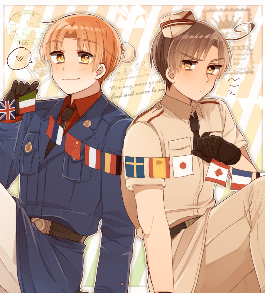 2boys ahoge axis_powers_hetalia belt black_gloves black_necktie blue_jacket blush border brothers brown_belt brown_hair canadian_flag closed_mouth collared_jacket collared_shirt english_text flag french_flag german_flag gloves hand_up hat heart holding holding_flag italian_flag jacket japanese_flag lapels latvian_flag long_sleeves looking_at_viewer male_focus military_jacket mini_hat multiple_boys necktie ninonuko northern_italy_(hetalia) orange_eyes orange_hair outside_border pants people&#039;s_republic_of_china_flag pocket red_shirt russian_flag shirt short_hair short_sleeves siblings sitting smile southern_italy_(hetalia) spanish_flag spoken_heart striped_background swedish_flag twins union_jack v-shaped_eyebrows white_border white_hat white_jacket white_pants yellow_eyes