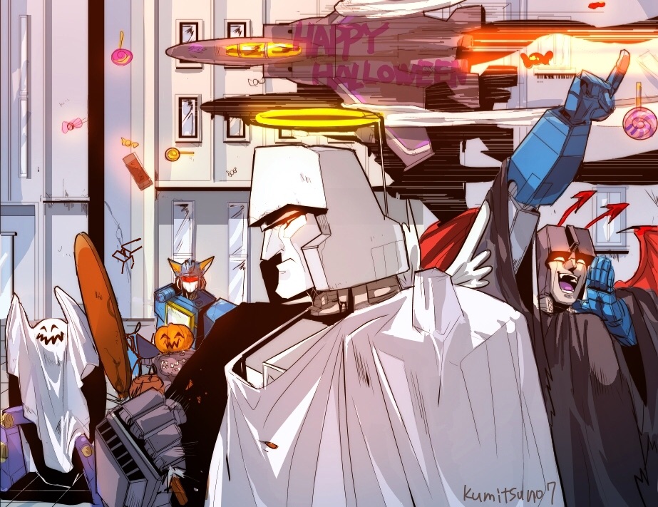 1980s_(style) 6+boys aircraft airplane angel angel_wings animal_ears bad_id bad_pixiv_id candy clothed_robot decepticon demon_wings dress f-15_eagle fighter_jet food food-themed_hair_ornament fox_tail frenzy_(transformers) ghost glowing glowing_eyes hair_ornament halloween halloween_costume happy_halloween jack-o&#039;-lantern lollipop looking_at_viewer machine machinery male_focus mecha megatron military military_vehicle mirror multiple_boys no_humans oden_(dofuko) oldschool open_mouth outdoors personification pumpkin pumpkin_hair_ornament red_eyes retro_artstyle robot rumble_(transformers) skywarp soundwave_(transformers) starscream tail transformers wings wolf_ears
