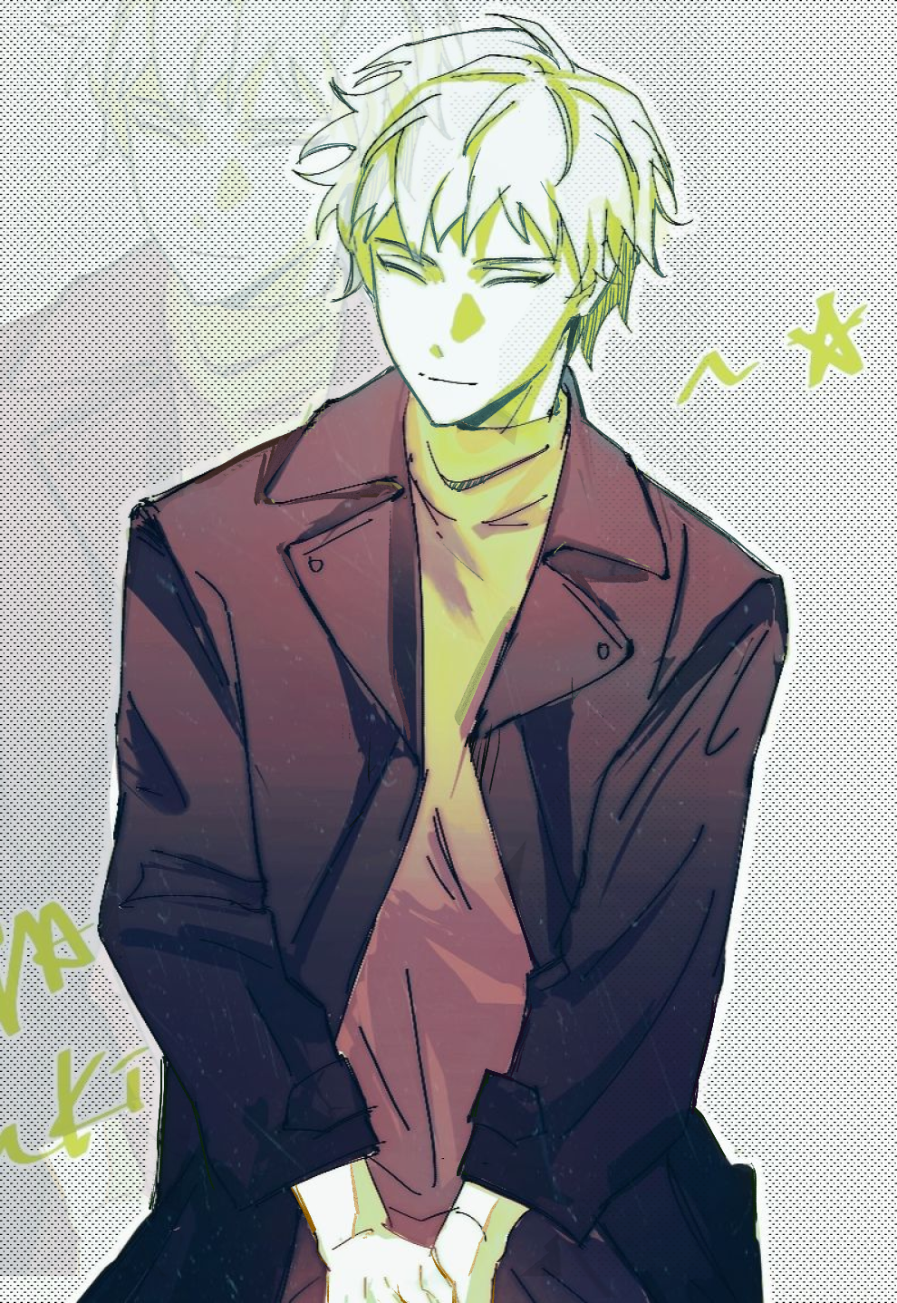 1boy atou_haruki chinese_commentary closed_eyes closed_mouth coat commentary_request dixinyinli highres lapels limited_palette long_sleeves male_focus notched_lapels open_clothes open_coat own_hands_together saibou_shinkyoku screentones short_hair solo star_(symbol) sweater turtleneck turtleneck_sweater upper_body zoom_layer