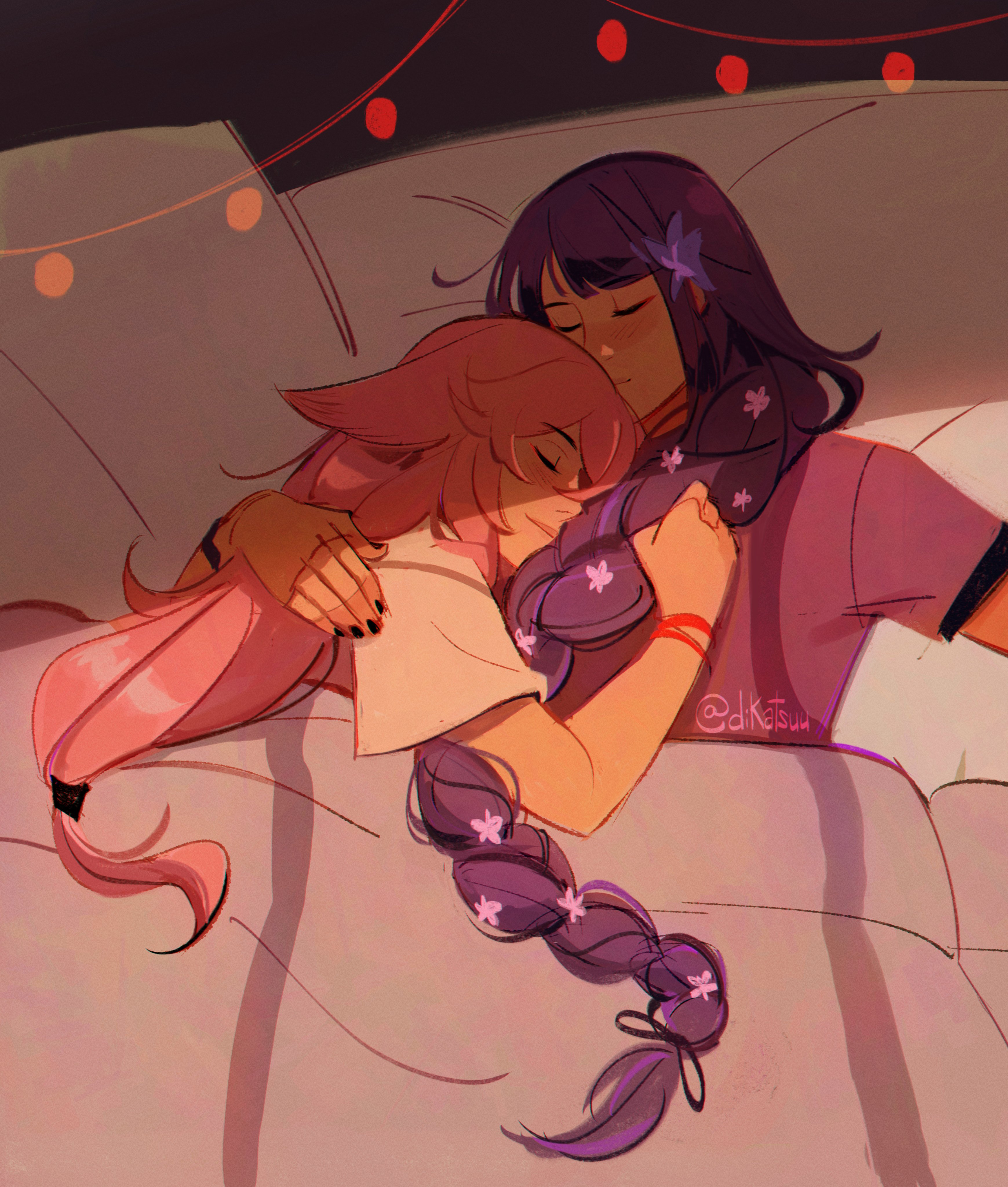 2girls absurdres animal_ears arm_around_shoulder bed black_hair blunt_bangs braid breast_pillow closed_eyes closed_mouth couple dikatsuu fairy_lights flower fox_ears genshin_impact hair_flower hair_ornament head_rest highres indoors long_hair low-tied_long_hair lying multiple_girls on_back pink_hair purple_hair raiden_shogun shirt single_braid sleeping straight_hair string_lights t-shirt twitter_username under_covers upper_body white_shirt yae_miko yuri