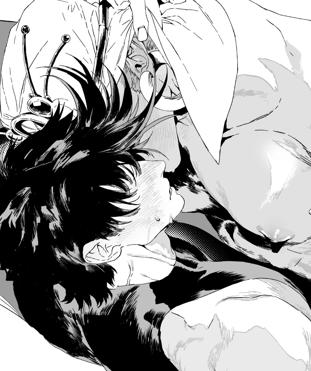 2boys adam&#039;s_apple bare_shoulders battle_tendency blush commentary_request covered_eyes earrings fingernails hair_over_eyes hand_on_another&#039;s_head highres jewelry jojo_no_kimyou_na_bouken joseph_joestar joseph_joestar_(young) male_focus mgong520 multiple_boys nipples parted_lips pectorals piercing profile shirt sleeveless sleeveless_shirt sweat topless_male turban upper_body veins wamuu yaoi