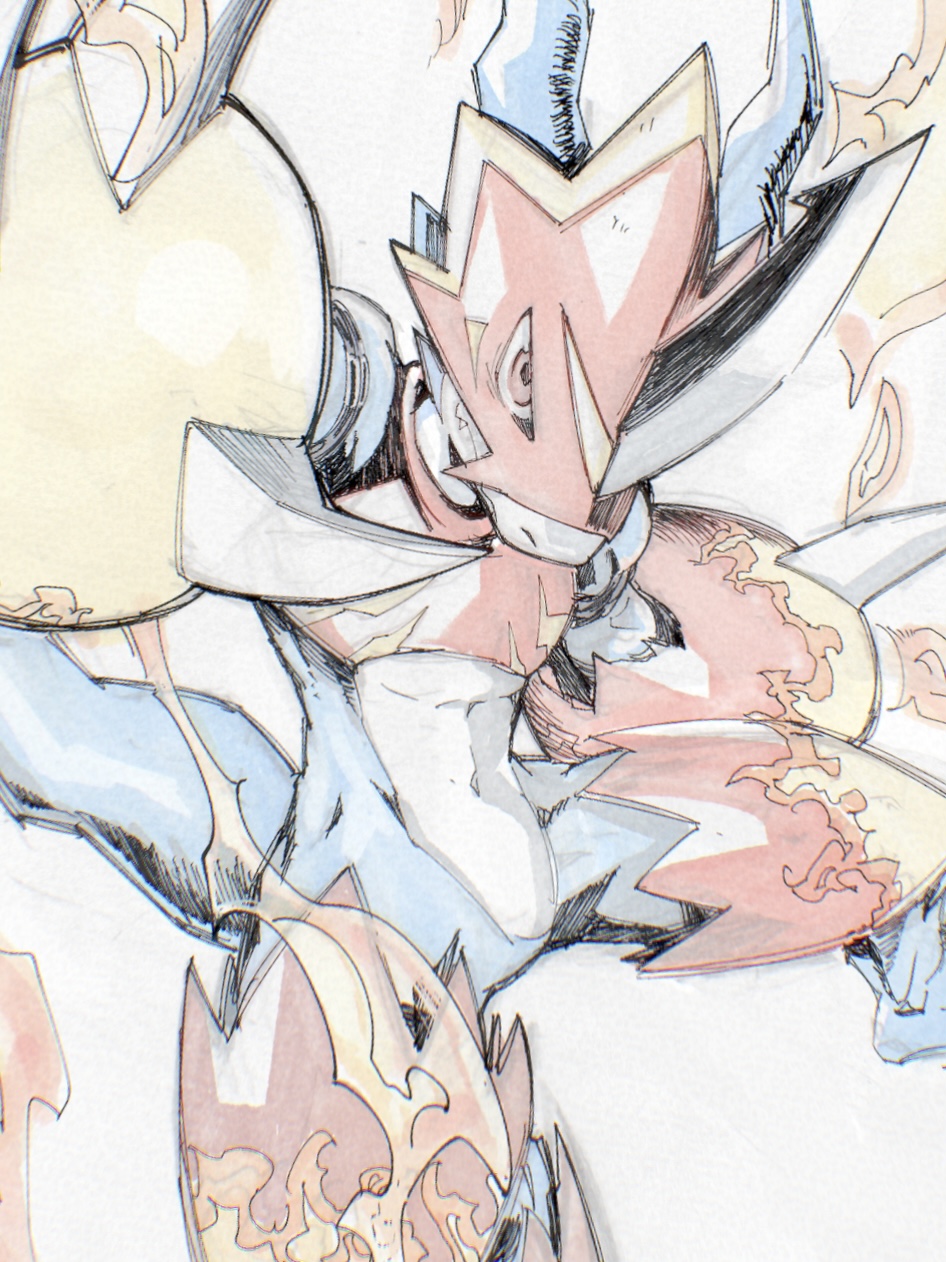 armor blue_skin colored_skin digimon digimon_(creature) dragon fire fladramon helmet highres horns looking_at_viewer red_armor red_eyes red_helmet simple_background single_horn takeuchi_(a3) white_background white_skin
