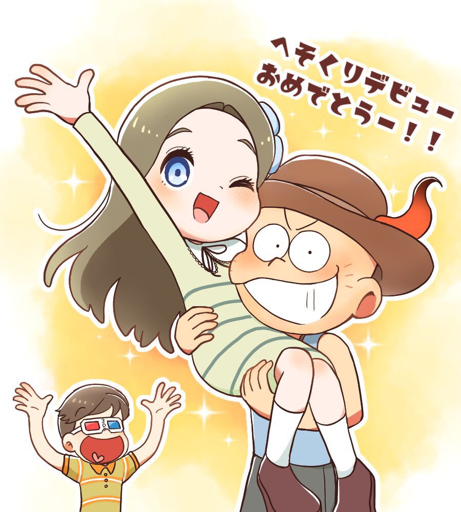 1girl 2boys 3d_glasses arm_up blue_eyes blue_shirt brown_hair chibita collared_shirt dress facial_mark flower flower_fairy_(osomatsu-kun) hair_flower hair_ornament hinakura3 horns long_hair long_sleeves matsuno_jyushimatsu multiple_boys one_eye_closed osomatsu-san osomatsu-san:_hesokuri_wars osomatsu_(series) red_horns shirt smile striped_clothes whisker_markings