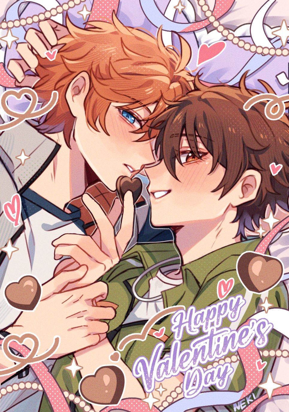 2boys akehoshi_subaru arm_behind_head blue_eyes blush brown_hair chocolate english_text ensemble_stars! food from_side green_jacket hair_between_eyes hand_on_another&#039;s_wrist happy_valentine highres holding holding_chocolate holding_food jacket looking_at_viewer male_focus morisawa_chiaki multiple_boys neki_(nekiansu0918) orange_eyes orange_hair parted_lips smile valentine