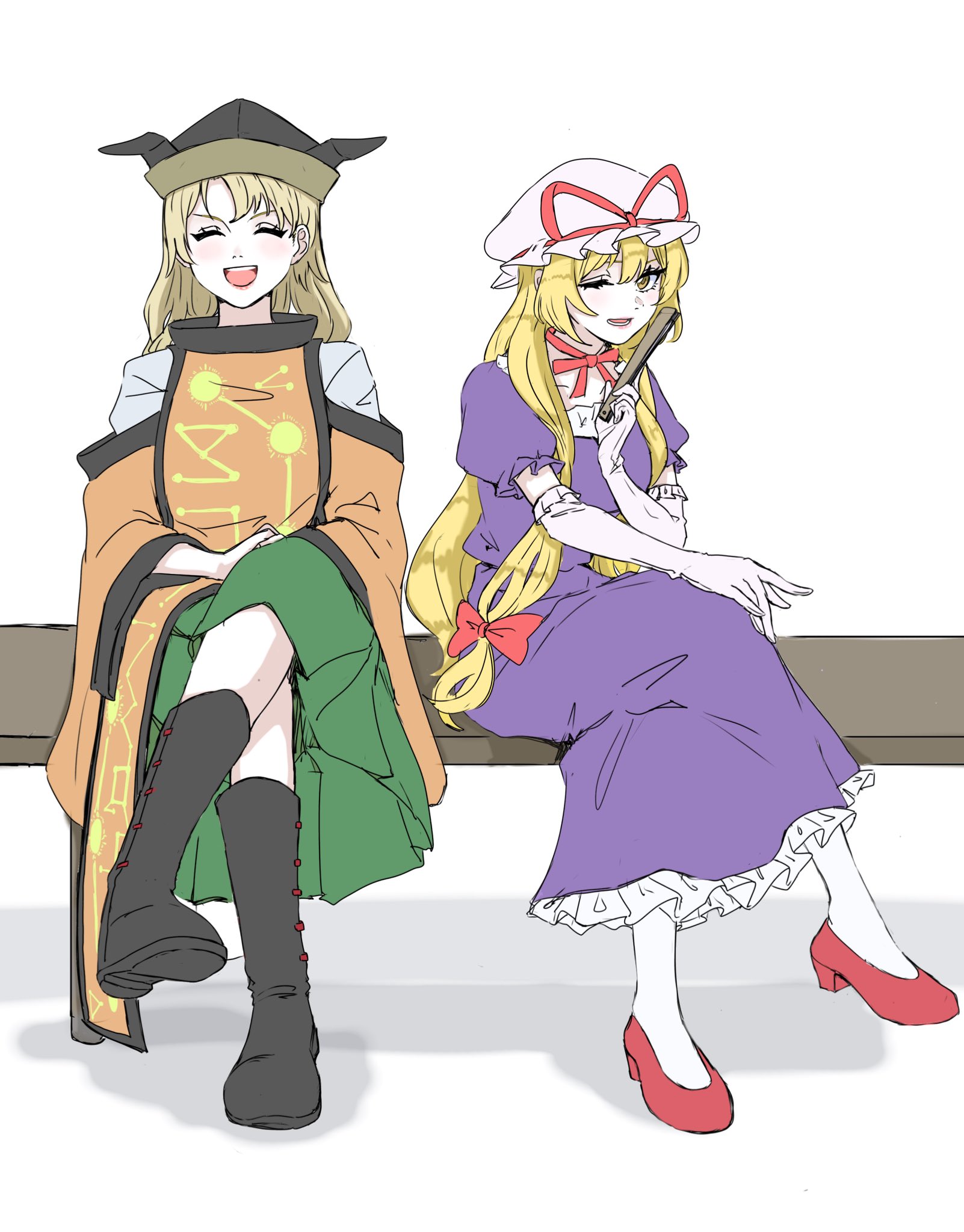 2girls black_boots blonde_hair boots choker closed_eyes crossed_legs dress elbow_gloves frills gloves green_skirt hair_between_eyes hat highres long_hair looking_at_viewer majime_na_gakuinsei matara_okina mob_cap multiple_girls on_bench one_eye_closed open_mouth purple_dress red_shoes ribbon_choker shirt shoes short_sleeves sitting skirt smile touhou very_long_hair white_background white_gloves white_shirt yakumo_yukari yellow_eyes yellow_tabard
