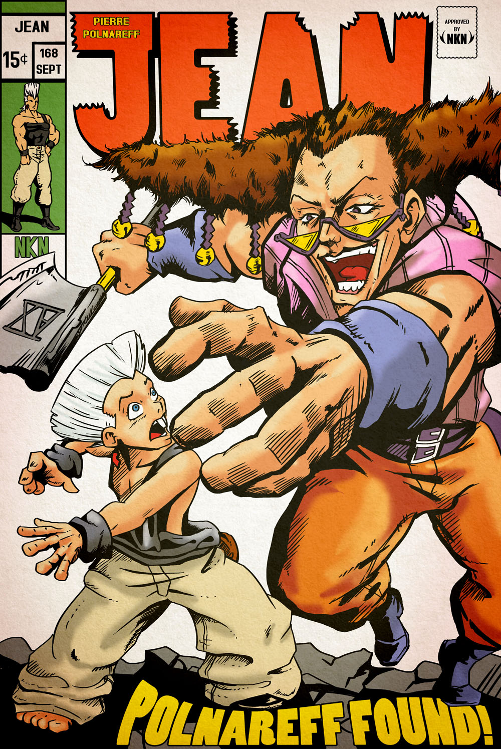 2boys age_regression alessi artist_name axe belt blue_eyes brown_eyes brown_hair buck_teeth character_name commentary derivative_work dual_persona earrings evil_smile highres jean_pierre_polnareff jewelry jojo_no_kimyou_na_bouken male_focus marvel multiple_boys nikunja open_mouth oversized_clothes parody pouch reaching shoes single_shoe smile stardust_crusaders sunglasses teeth weapon white_hair wristband aged_down