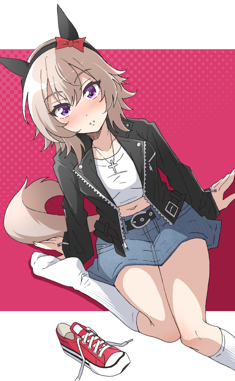 1girl alternate_costume animal_ears black_jacket blush bow commentary_request cropped_shirt cross cross_necklace curren_chan_(umamusume) denim denim_skirt ear_bow ear_covers foot_out_of_frame grey_hair hair_between_eyes highres horse_ears horse_girl horse_tail jacket jewelry knees_together_feet_apart long_sleeves necklace nel-c no_shoes open_clothes open_jacket parted_lips red_bow red_shoes ribbed_socks shoes short_hair skirt sneakers socks solo tail umamusume unworn_shoes white_socks