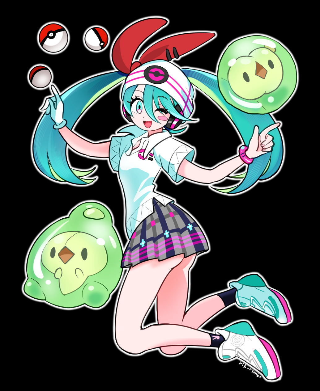1girl aqua_hair ddvj8543 duosion gen_5_pokemon hatsune_miku highres nintendo poke_ball pokemon pokemon_(creature) project_voltage psychic_miku_(project_voltage) solosis vocaloid