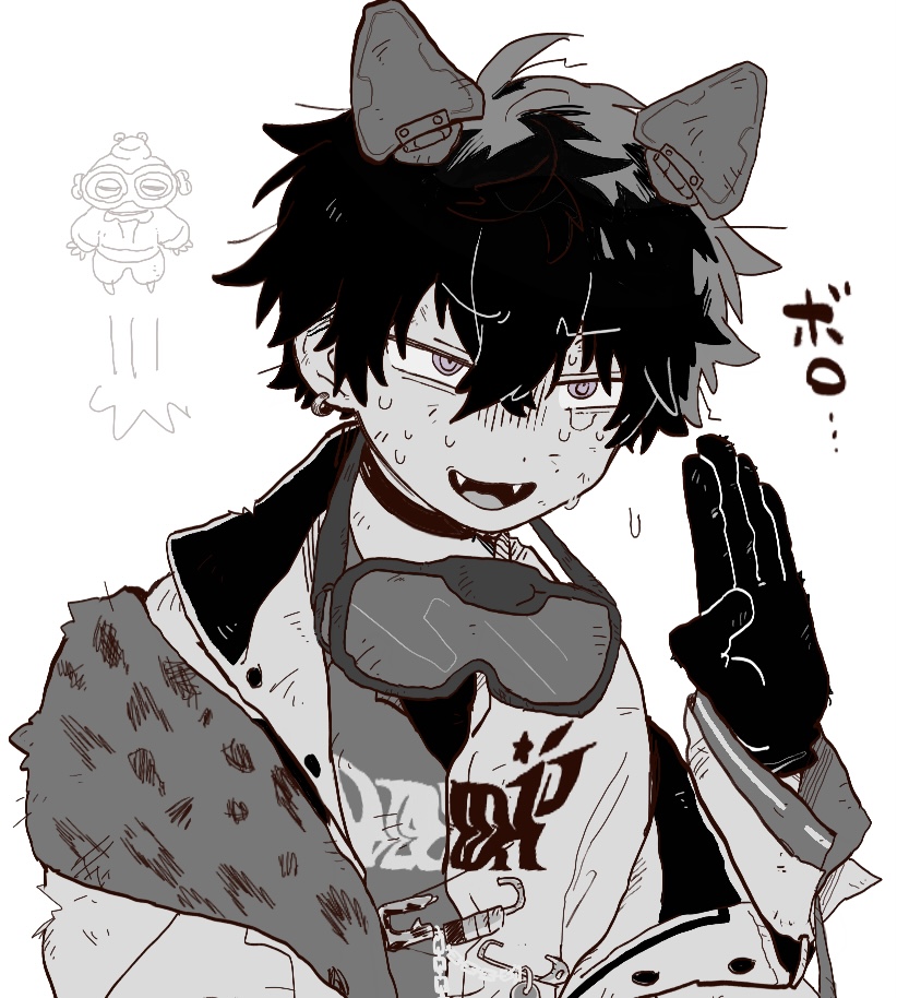 1boy achichikairo bad_id bad_twitter_id choker collared_shirt crossed_bangs earrings fangs gloves goggles goggles_around_neck hair_between_eyes hand_up inactive_account jacket jewelry long_sleeves male_focus nervous_smile nervous_sweating nijisanji off_shoulder open_mouth saiki_ittetsu shirt short_hair simple_background smile solo sweat tearing_up translation_request upper_body virtual_youtuber