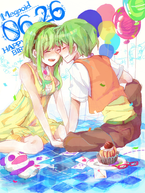 1boy 1girl bad_id bad_pixiv_id genderswap genderswap_(ftm) green_hair gumi gumiya happy_birthday juu_mensou_(vocaloid) shirozatou short_hair smile tegaki vocaloid yowamushi_mont-blanc_(vocaloid)
