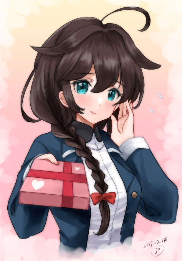 1girl black_hair blue_eyes blue_jacket box braid commentary_request gift gift_box hair_flaps hair_over_shoulder jacket kantai_collection kitagawa_mikio long_hair looking_at_viewer official_alternate_costume pink_background presenting shigure_(kancolle) shigure_kai_san_(kancolle) shirt single_braid smile solo upper_body white_shirt