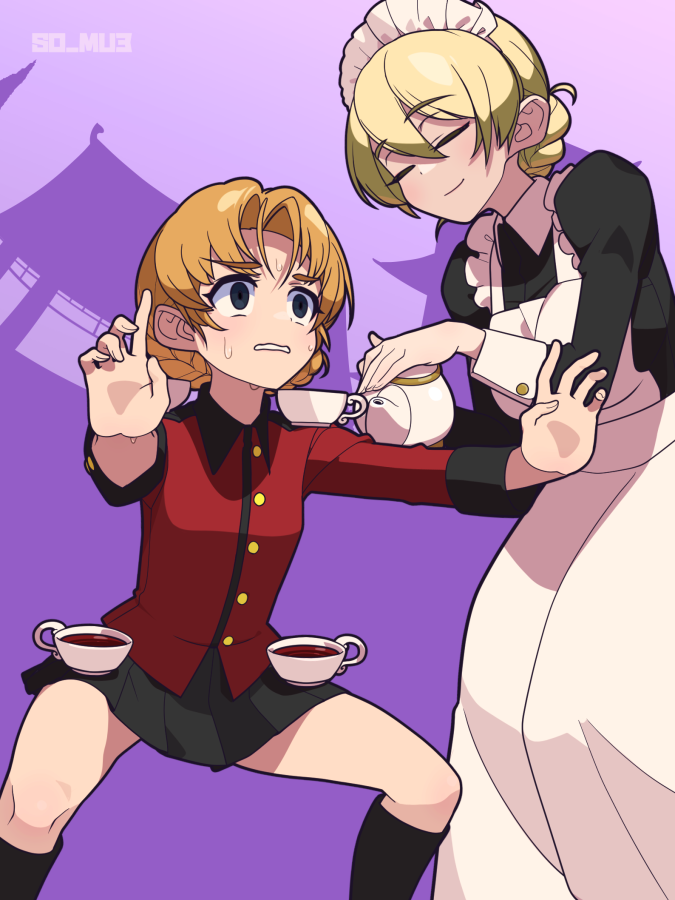 2girls apron artist_name black_dress black_skirt black_socks blonde_hair cup darjeeling_(girls_und_panzer) dress drunken_master girls_und_panzer holding holding_teapot horse_stance jacket juliet_sleeves kneehighs long_sleeves maid_apron maid_headdress multiple_girls orange_hair orange_pekoe_(girls_und_panzer) outstretched_arms parody pleated_skirt puffy_sleeves red_jacket skirt smile socks soumu_(kehotank) st._gloriana&#039;s_military_uniform teacup teapot white_apron