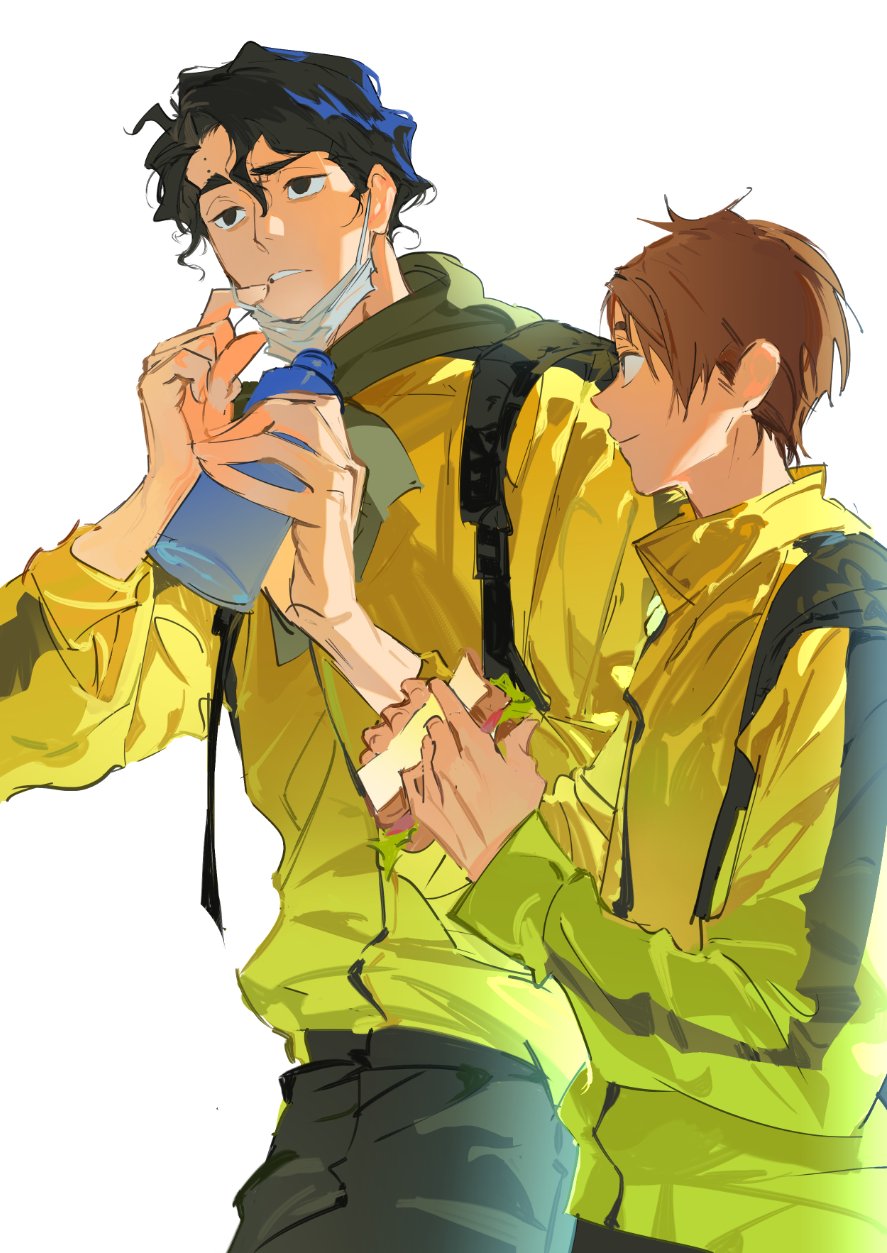 2boys arms_up atie1225 backpack bag black_hair black_pants bottle brown_hair collared_jacket commentary food haikyuu!! highres holding holding_bottle holding_food holding_sandwich jacket komori_motoya long_sleeves looking_at_another male_focus mask mask_pull mouth_mask multicolored_jacket multiple_boys pants popped_collar sakusa_kiyoomi sandwich simple_background single_vertical_stripe striped_clothes symbol-only_commentary water_bottle white_background