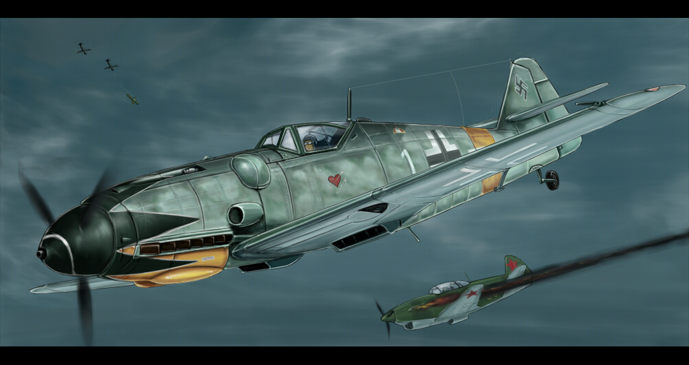 1boy aerial_battle aircraft airplane battle bf_109 black_border border cloud cloudy_sky dogfight kcme lagg-3 luftwaffe military military_vehicle motion_blur original pilot propeller_fighter sky smoke solo soviet_air_force swastika vehicle_focus world_war_ii