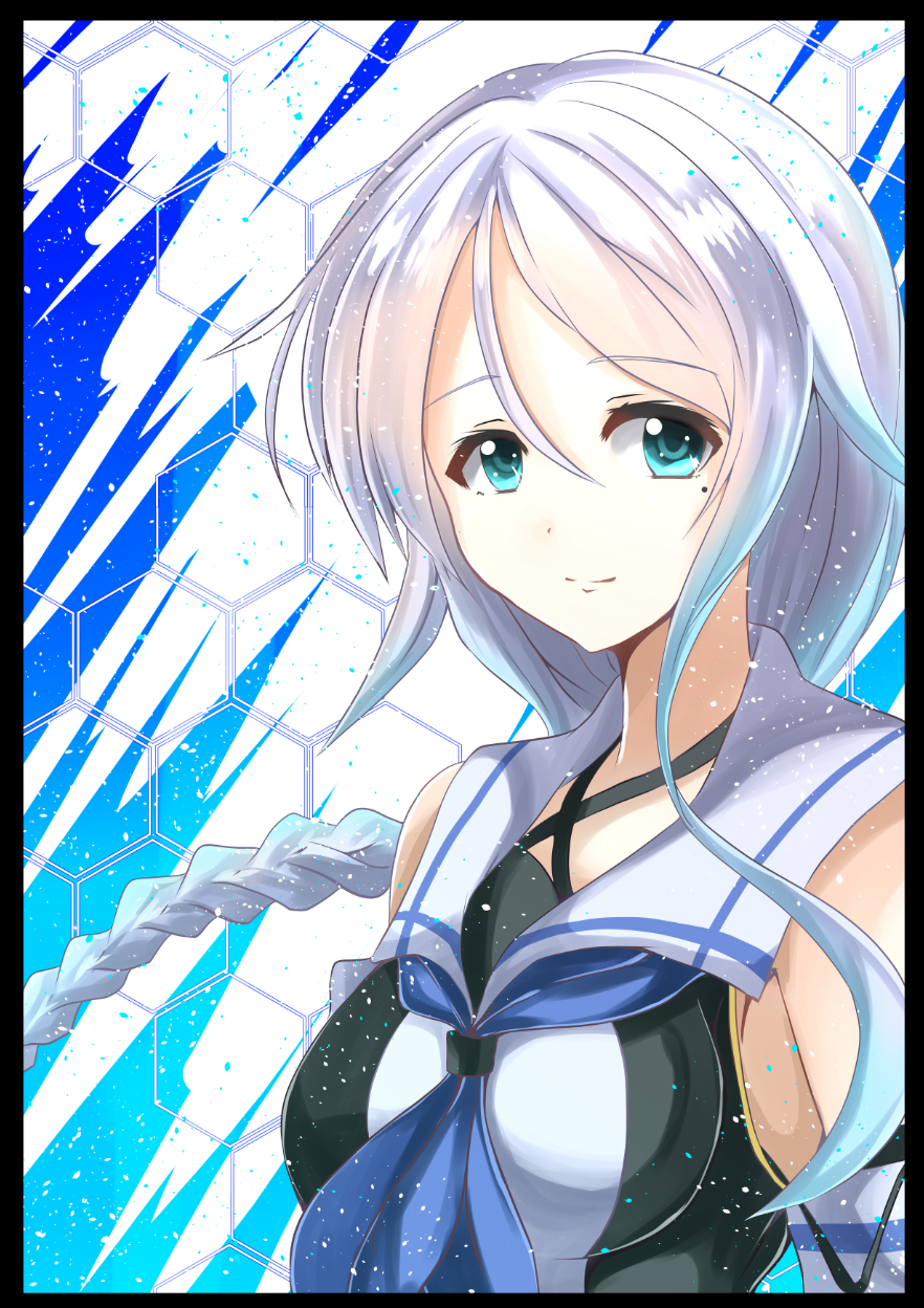 10s 1girl bad_id bad_pixiv_id bare_shoulders between_breasts blue_eyes blue_neckerchief braid breasts closed_mouth commentary_request cowboy_shot eyebrows female_focus hair_between_eyes highres honeycomb_(pattern) honeycomb_background honeycomb_pattern kantai_collection kentan_(kingtaiki) long_hair looking_at_viewer looking_to_the_side medium_breasts mole mole_under_eye neckerchief school_uniform serafuku single_braid solo umikaze_(kancolle) upper_body white_hair