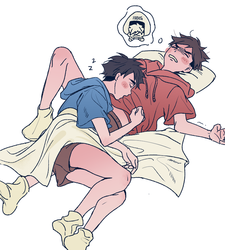 2boys aged_down black_hair blue_hoodie blush_stickers brothers brown_shorts clenched_teeth commentary drawstring grey_hair haikyuu!! hood hood_down hoodie image_in_thought_bubble knee_up lying lying_on_person male_focus miya_atsumu miya_osamu miyaii17 multiple_boys on_back pillow red_hoodie short_hair short_sleeves shorts siblings simple_background sleeping socks speech_bubble symbol-only_commentary teeth thought_bubble twins white_background white_socks zzz