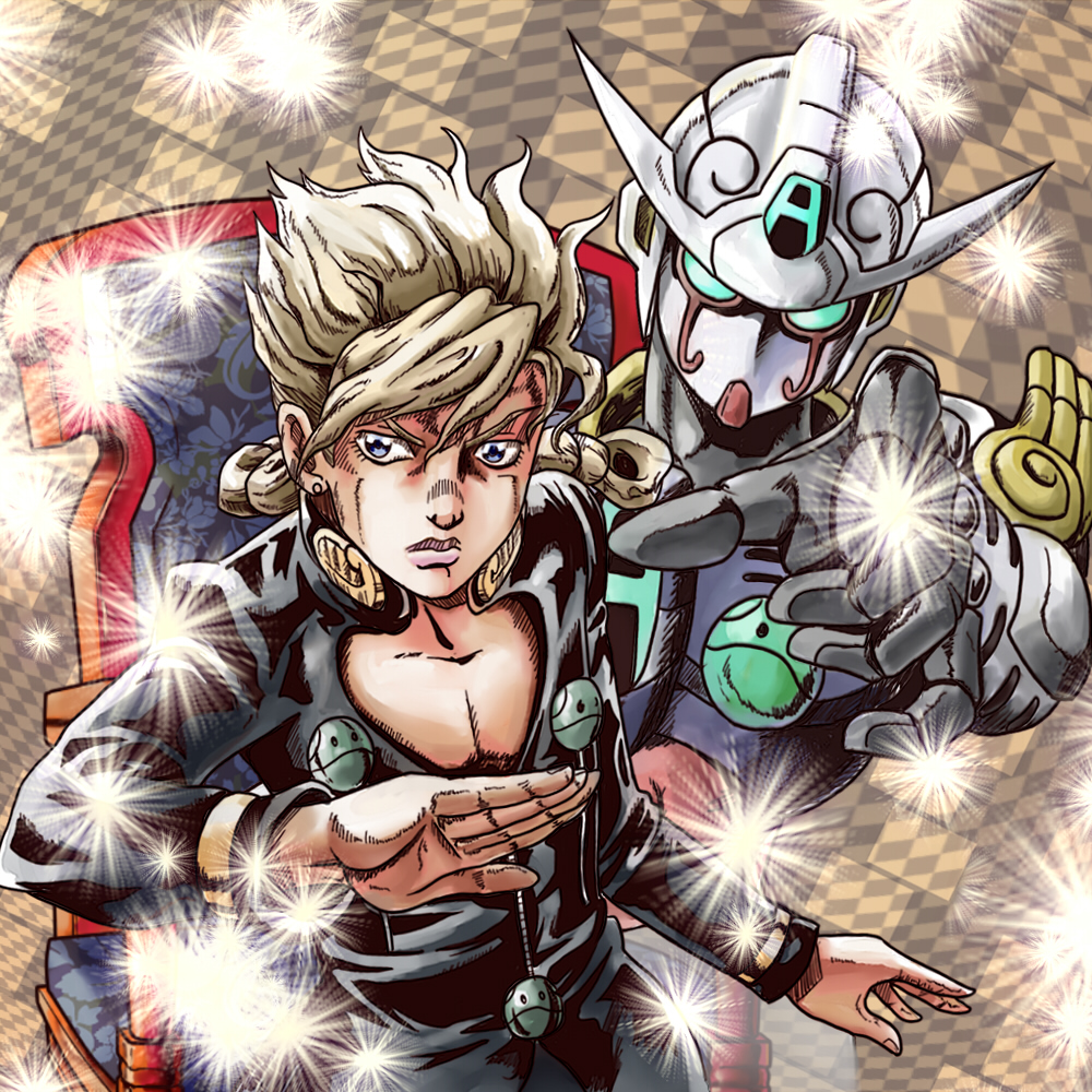 1boy araki_hirohiko_(style) asem_asuno asemu_asuno blonde_hair cosplay fusion giorno_giovanna giorno_giovanna_(cosplay) gold_experience gundam gundam_age gundam_age-2 haro jojo_no_kimyou_na_bouken matirine parody sparkle style_parody trait_connection vento_aureo zipper