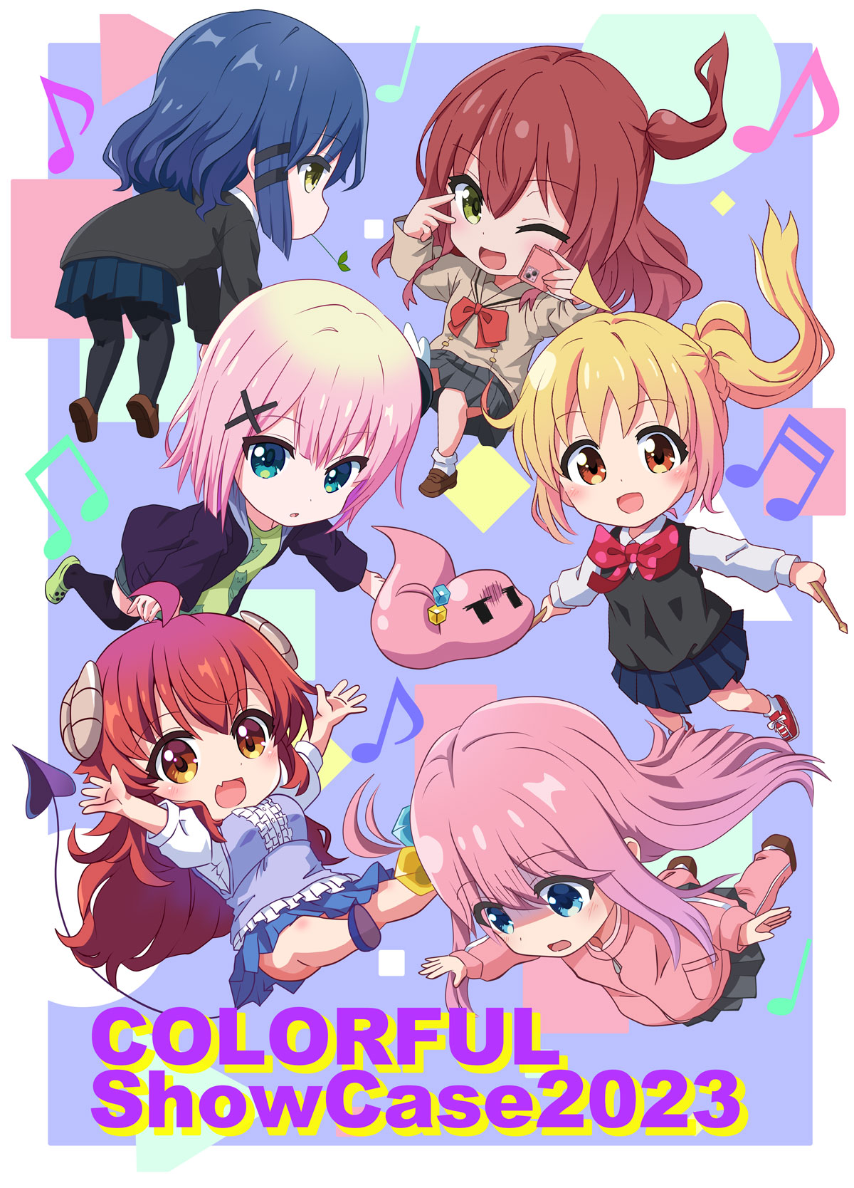 6+girls ahoge aqua_eyes blonde_hair blue_eyes blue_hair blush bocchi_the_rock! brown_hair chiyoda_momo crossover cube_hair_ornament demon_horns demon_tail gotoh_hitori gotoh_hitori_(tsuchinoko) green_eyes hair_between_eyes hair_ornament highres horns ijichi_nijika kita_ikuyo long_hair machikado_mazoku multiple_girls n88_colpla one_side_up open_mouth pink_hair red_eyes red_hair short_hair smile tail x_hair_ornament yamada_ryo yoshida_yuuko_(machikado_mazoku)