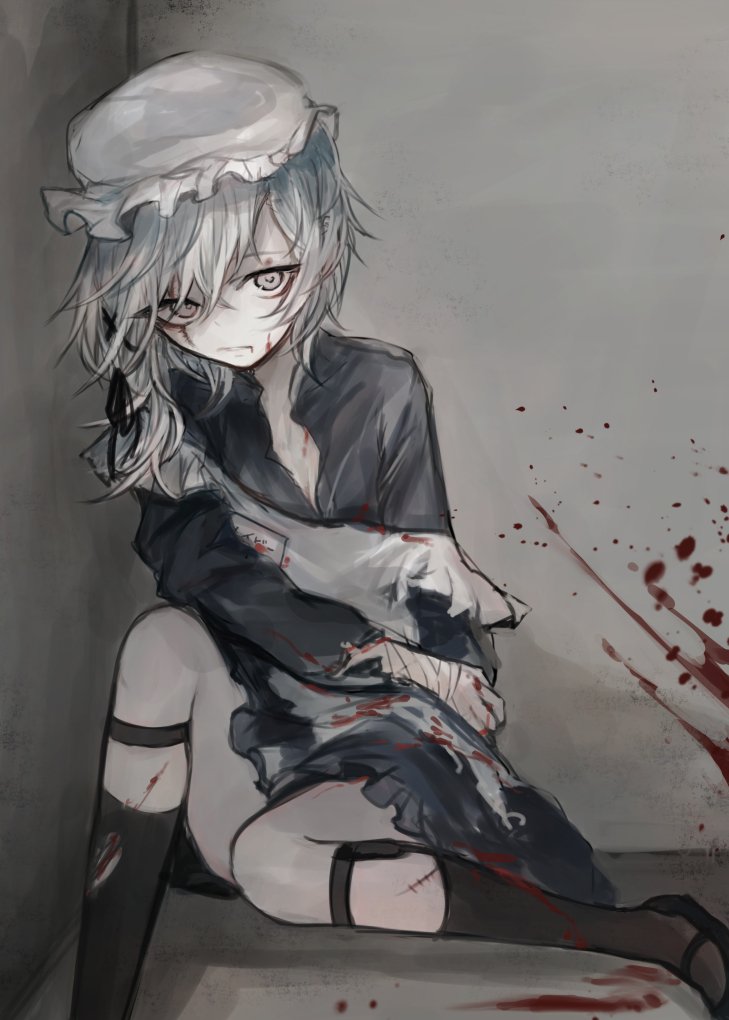 1girl apron bandages black_shoes blood blood_on_clothes blood_splatter dress female_focus grey_eyes hasunokaeru hat holding_own_arm looking_at_viewer maid maid_apron mob_cap original pale_skin parted_lips scratches shoes sitting socks solo stitches