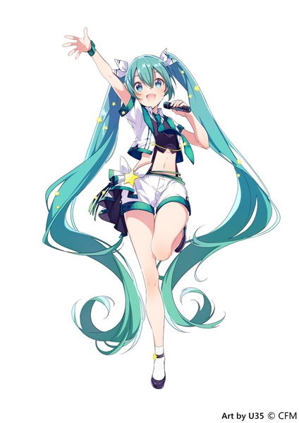 1girl :d aqua_eyes aqua_hair arm_up artist_name black_footwear copyright_notice cropped_jacket full_body hair_between_eyes hair_ornament hatsune_miku holding holding_microphone jacket leg_up long_hair microphone multicolored_jacket navel official_art open_clothes open_jacket open_mouth shorts simple_background single_wrist_cuff smile socks solo star_(symbol) star_hair_ornament twintails u35 very_long_hair vocaloid white_background white_jacket white_shorts white_socks wrist_cuffs