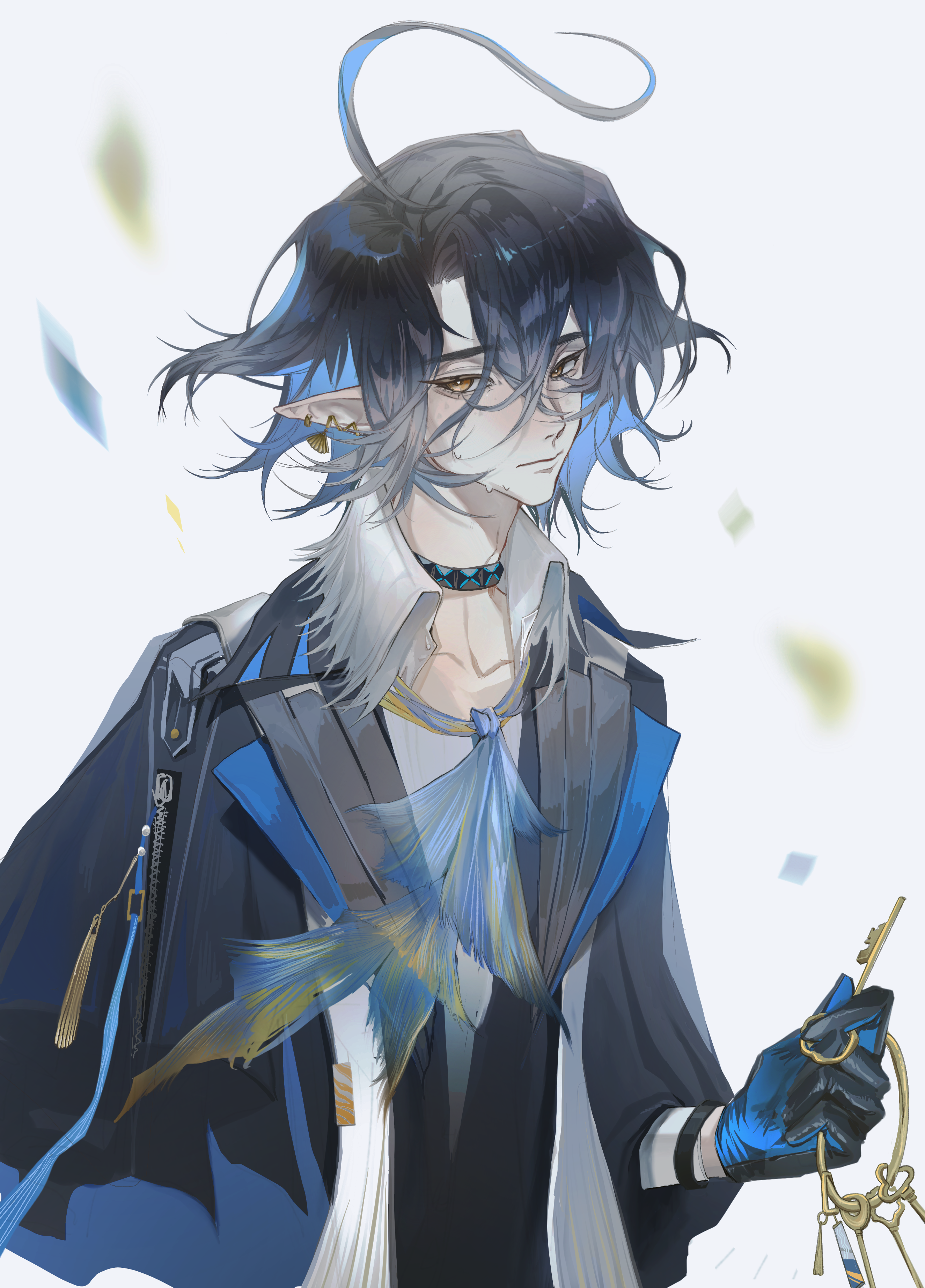 1boy absurdres ahoge arknights ascot black_choker black_gloves black_hair black_jacket blue_ascot blue_hair c8h11o2n chinese_commentary choker closed_mouth collared_shirt commentary_request earclip earrings gloves hair_between_eyes hand_up highres holding jacket jewelry key keyring long_bangs long_sleeves lumen_(arknights) male_focus multicolored_hair pointy_ears shirt solo sweat two-tone_hair upper_body white_shirt yellow_eyes
