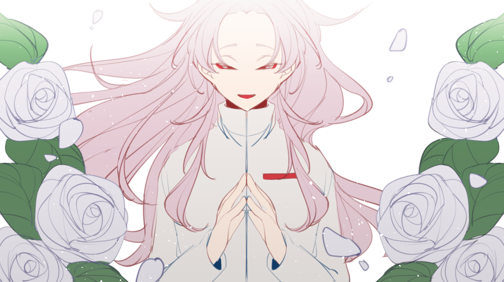 1boy closed_eyes commentary_request facing_viewer floating_hair flower hatsutori_hajime high_collar highres light_particles long_hair long_sleeves male_focus open_mouth parted_bangs pink_hair rose saibou_shinkyoku shirt smile solo steepled_fingers white_background white_flower white_petals white_rose white_shirt yokuhaku