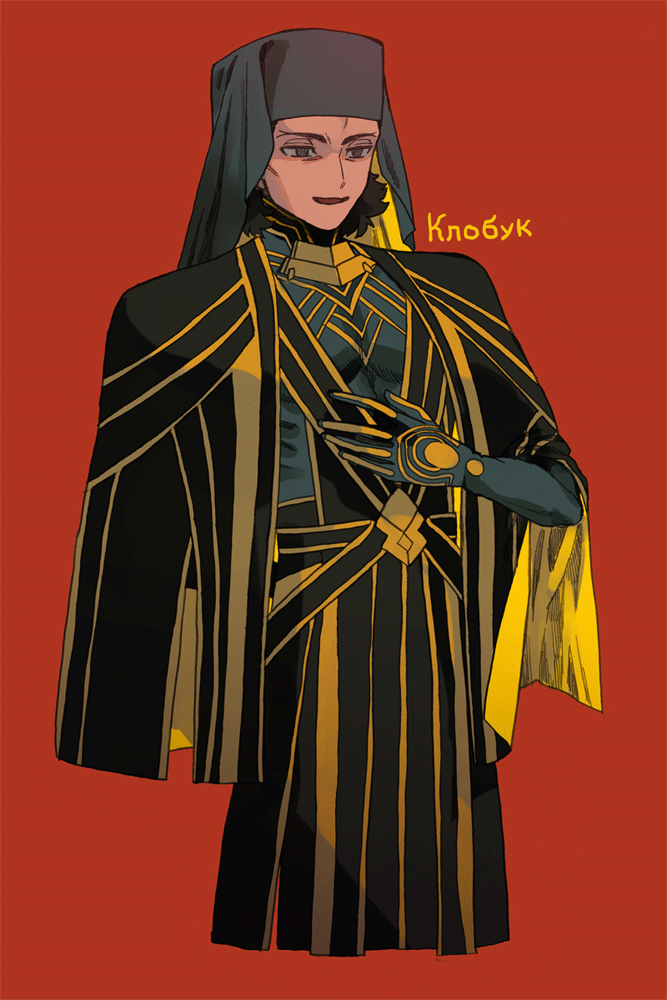 1boy black_robe brown_eyes brown_hair cape cowboy_shot fate/grand_order fate_(series) headdress kotomine_kirei male_focus pectorals rasputin_(fate) rasputin_(second_ascension)_(fate) red_background robe russian_text short_hair simple_background solo tnaym translated