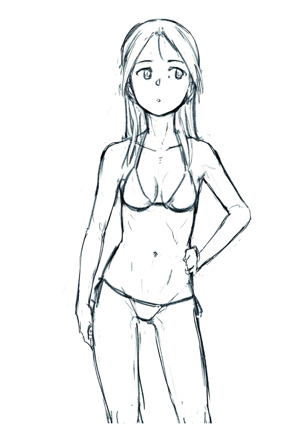 1girl breasts cleavage hand_on_own_hip large_breasts lineart long_hair minna-dietlinde_wilcke navel open_mouth shiri_chin simple_background sketch solo strike_witches world_witches_series