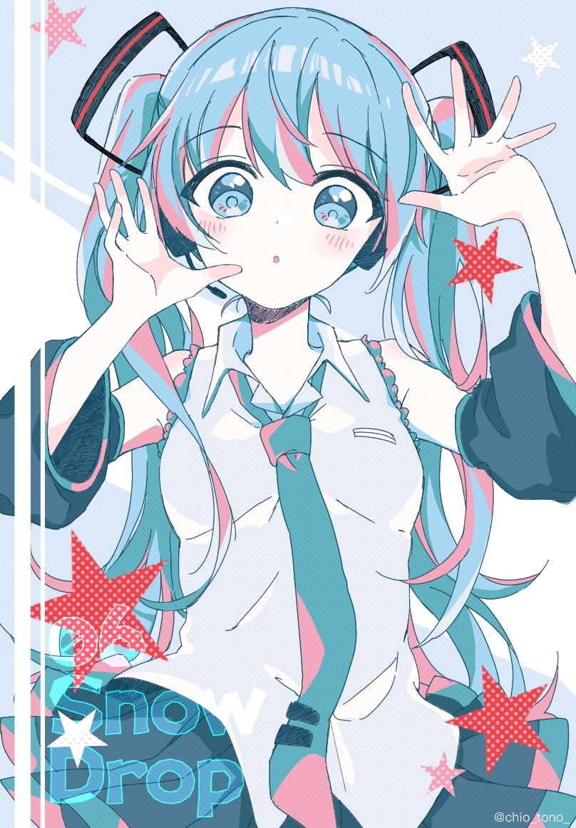1girl arm_warmers black_arm_warmers black_skirt blue_background blue_eyes blue_hair blue_necktie blush collared_shirt commentary_request english_text frilled_shirt frills grey_shirt hair_between_eyes hands_up hatsune_miku headphones headset long_hair looking_at_viewer multicolored_hair necktie parted_lips pleated_skirt red_hair shirt sidelocks skirt sleeveless sleeveless_shirt solo streaked_hair tono_kabeuchi tweet upper_body vocaloid white_background