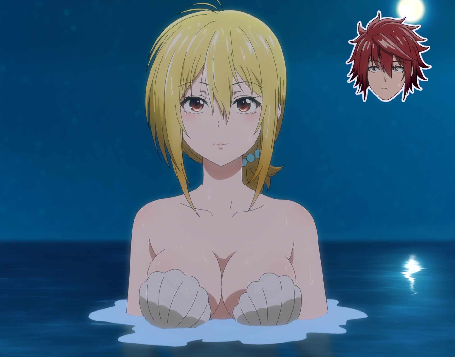 1girl akagami_akemitsu aoba_tsukuyo blonde_hair breasts cleavage collarbone highres large_breasts mermaid monster_girl moon night night_sky ocean outdoors red_eyes shell shell_bikini sky solo_focus temple_(series) water