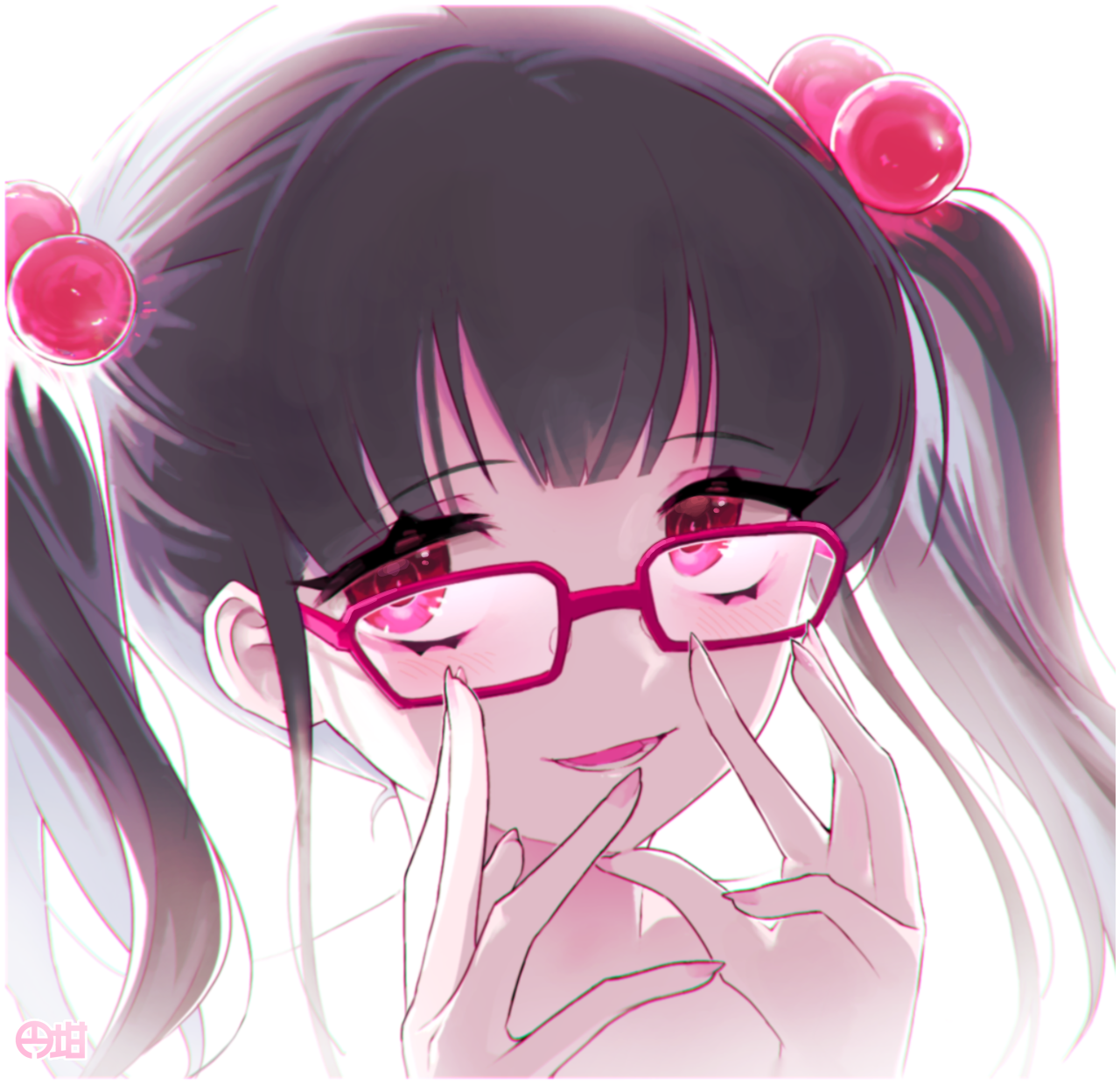 1girl a.i._voice backlighting black_hair bloom commentary_request completely_nude glasses hair_bobbles hair_ornament hands_up highres long_hair looking_at_viewer marutsubo nude onikko_hunter_tsuina-chan open_mouth portrait red_eyes sanpaku signature smile solo takatoo_saki twintails white_background