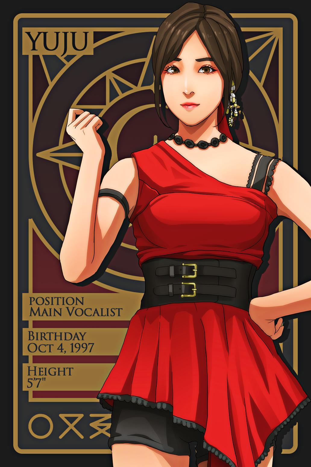 1girl armlet artist_name_(singer) belt black_shorts brown_eyes brown_hair closed_mouth commentary cowboy_shot earrings eyeshadow gfriend hand_on_own_hip highres jewelry k-pop makeup necklace ponytail real_life red_eyeshadow renzengeki shirt shorts single-shoulder_shirt solo yuju_(gfriend)