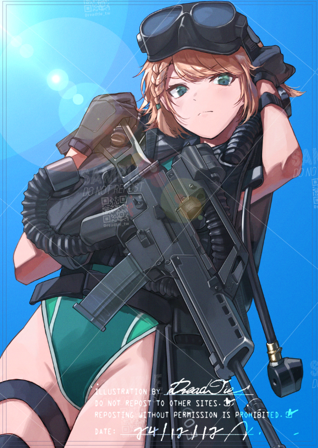 1girl assault_rifle bad_link belt black_gloves blonde_hair braid dreadtie gloves goggles green_eyes green_one-piece_swimsuit gun h&amp;k_g36 heckler_&amp;_koch holding holding_weapon looking_at_viewer medium_hair one-piece_swimsuit original rifle sky solo standing swim_goggles swimsuit thigh_strap weapon
