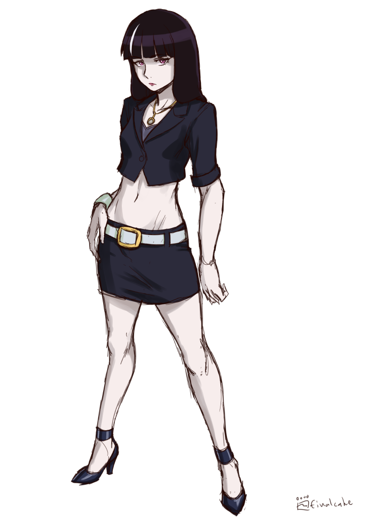 1girl artist_name belt belt_buckle black_hair blunt_bangs bracelet breasts buckle closed_mouth collarbone commentary death_parade english_commentary female_focus finalcake full_body jewelry kurokami_no_onna long_hair looking_at_viewer midriff miniskirt navel necklace shirt simple_background sketch skirt small_breasts solo standing white_background